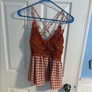 Women's Lace and Gingham Top - Rust and White